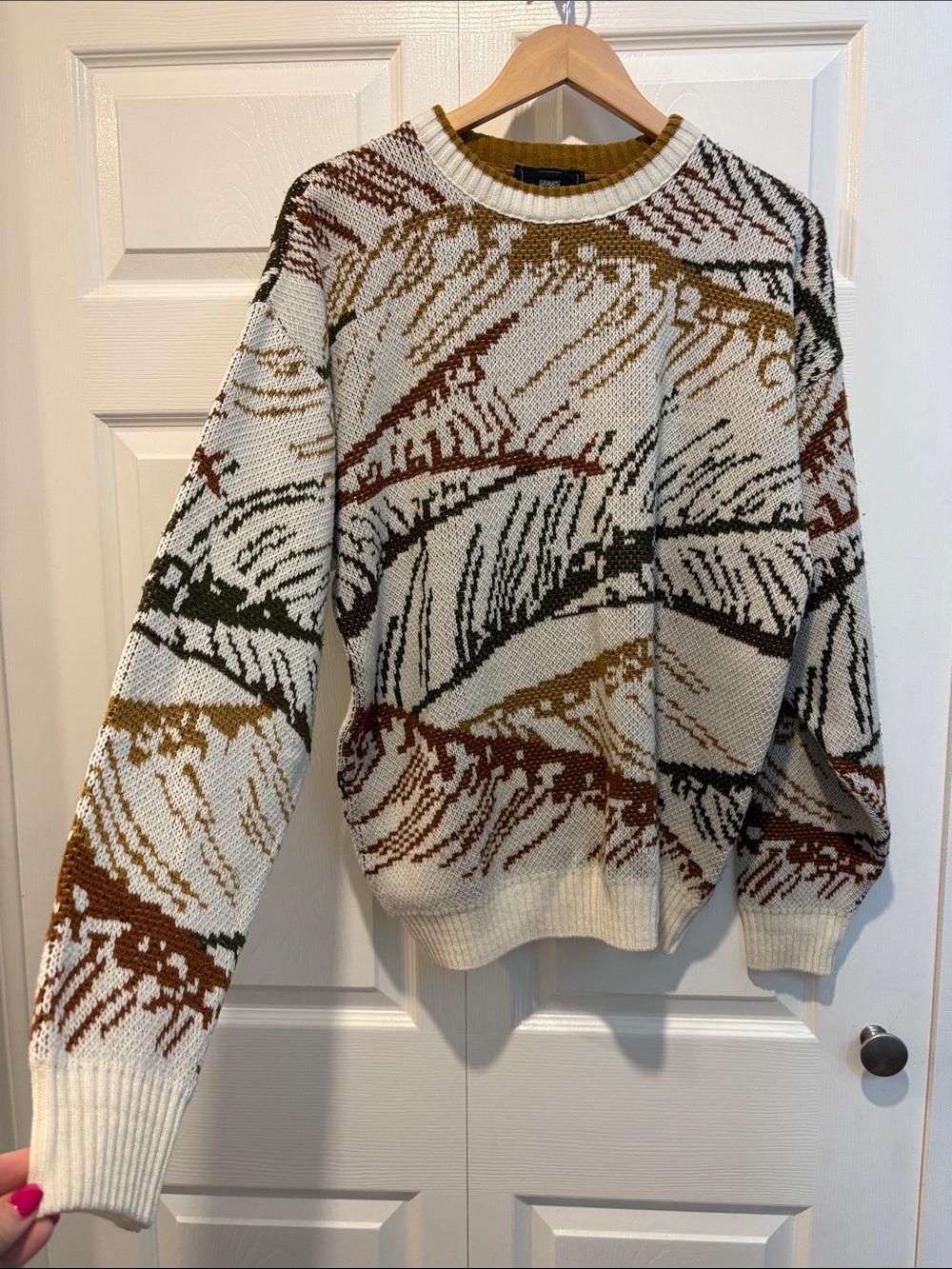 Vintage 1980s Sears Men's Cream Knit Sweater Mustard Olive Pattern Size L